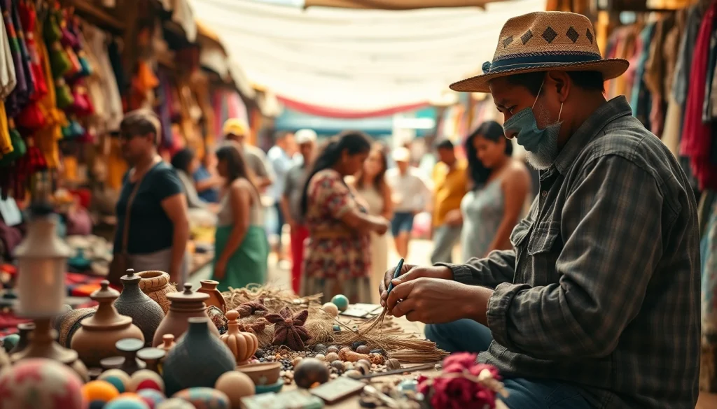 Artisan showcasing laoutaris skills among vibrant handmade goods in a market.