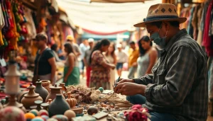 Artisan showcasing laoutaris skills among vibrant handmade goods in a market.
