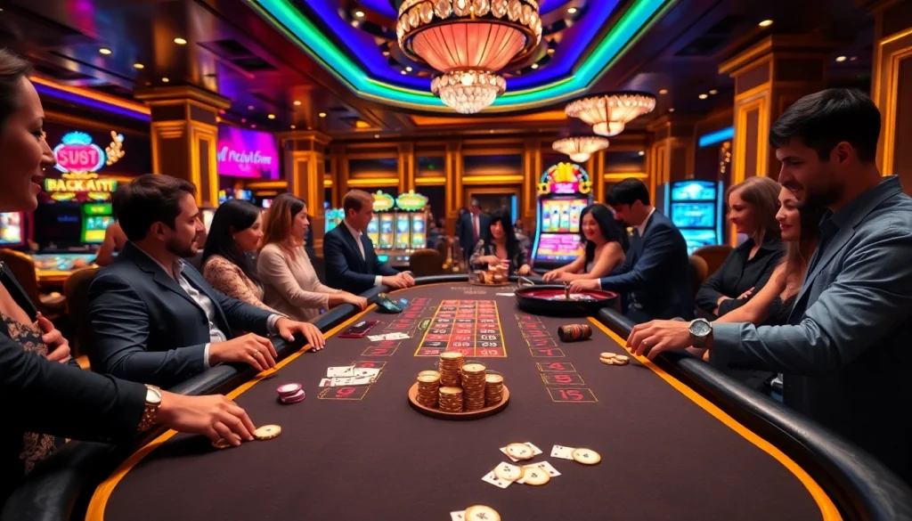 Players enjoying a thrilling KP88 casino experience at an elegantly designed gambling table.