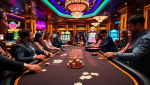 Players enjoying a thrilling KP88 casino experience at an elegantly designed gambling table.
