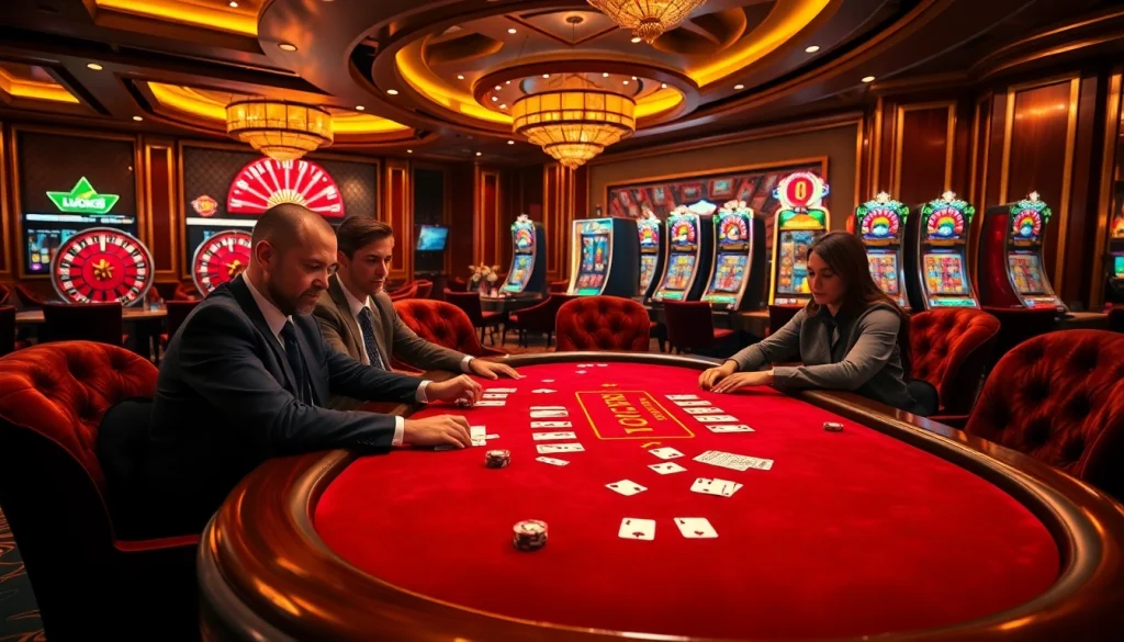 Trận chơi poker căng thẳng tại casino LUCK8, nổi bật với những quân chip sặc sỡ và không gian sang trọng.