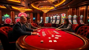 Trận chơi poker căng thẳng tại casino LUCK8, nổi bật với những quân chip sặc sỡ và không gian sang trọng.