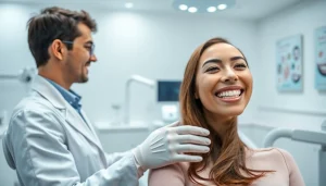 最新の歯科クリニックでのホワイトニング治療の様子、歯科医と満足した患者を写した写真。