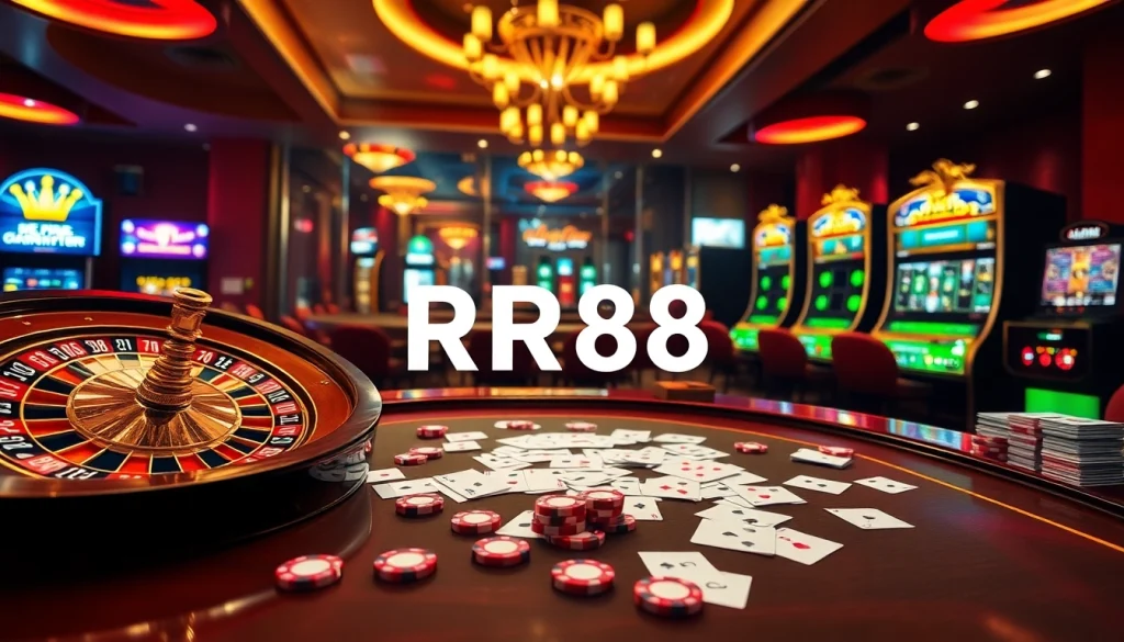 Engaging gambling scene featuring the RR88 online casino interface with roulette and slot machines.