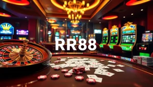Engaging gambling scene featuring the RR88 online casino interface with roulette and slot machines.