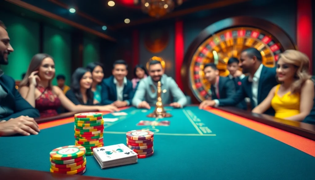 Players enjoy a high-stakes poker game at plus777 casino, surrounded by vibrant chips and cards.
