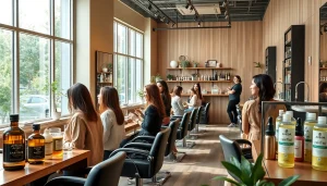 Omnia Salon's professional stylists providing hair services with eco-friendly products in a vibrant atmosphere.