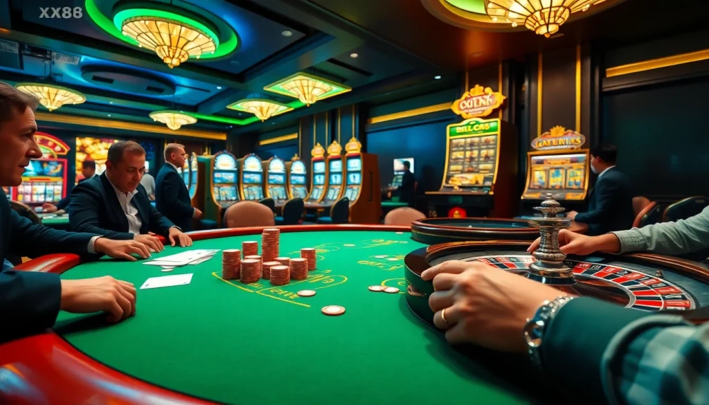 Players experiencing thrilling games at XX88 COM with vibrant casino decor and poker action.