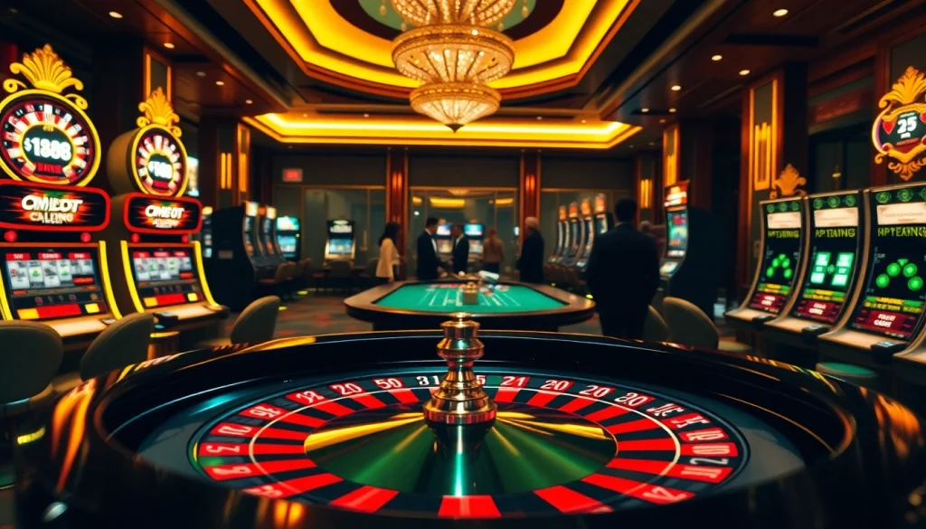 Experience the thrill of high-stakes gaming in a casino scene showcasing CM88 on vibrant slot machines.