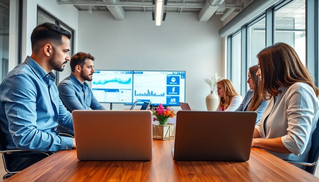 Team collaborating on digital marketing strategies in a modern office space.