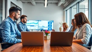 Team collaborating on digital marketing strategies in a modern office space.