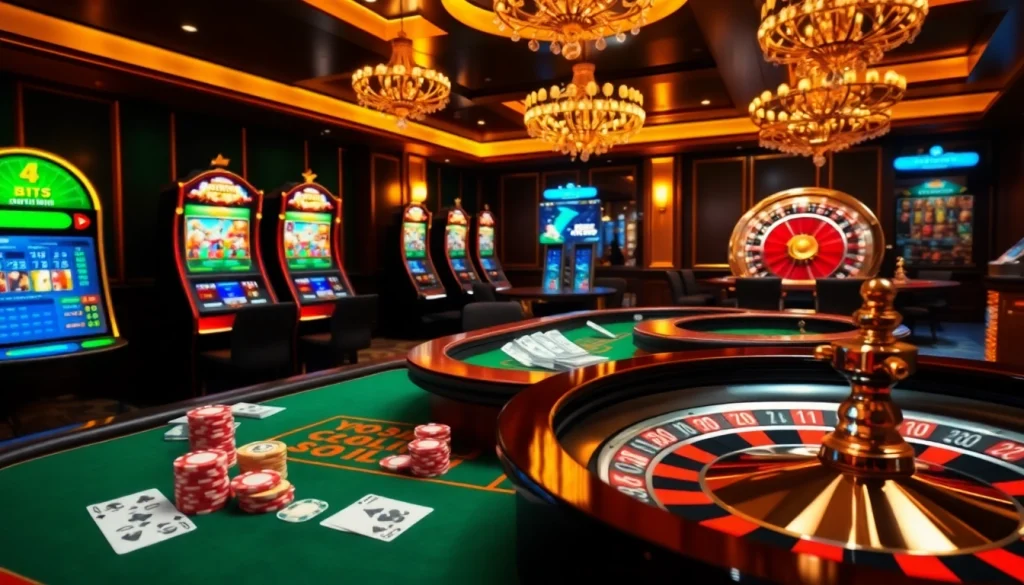 Adegan kasino yang menarik dengan platform Datukwin menampilkan pemain di permainan poker dan mesin slot.