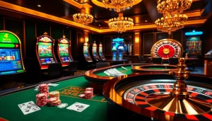 Adegan kasino yang menarik dengan platform Datukwin menampilkan pemain di permainan poker dan mesin slot.