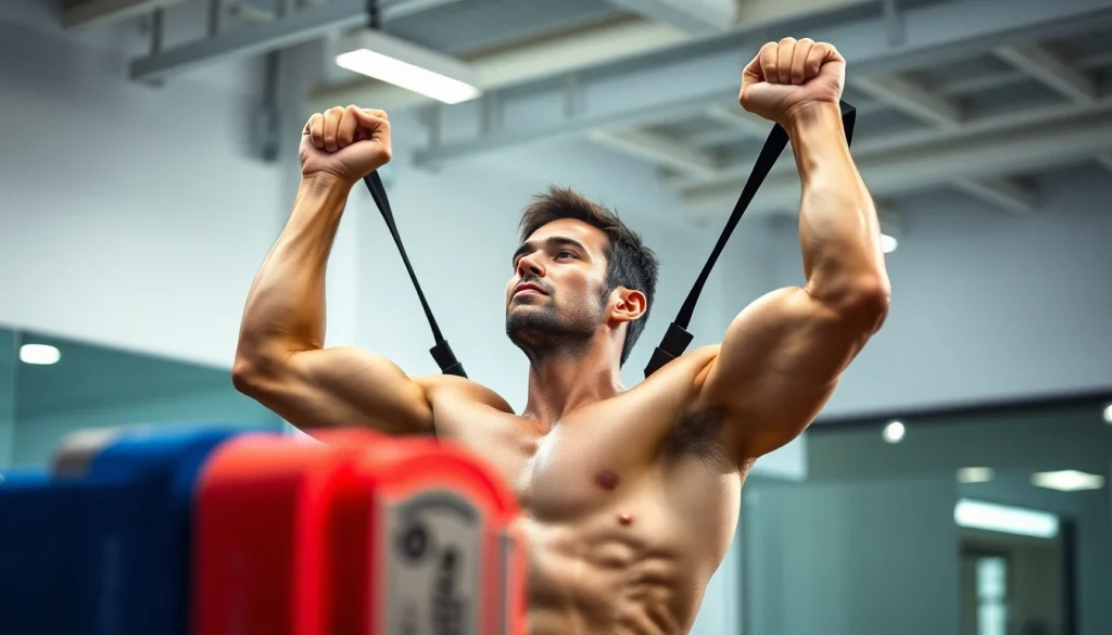 Assisted pull-up bands in use, showcasing a strong individual performing a pull-up with vibrant resistance bands.