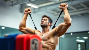 Assisted pull-up bands in use, showcasing a strong individual performing a pull-up with vibrant resistance bands.