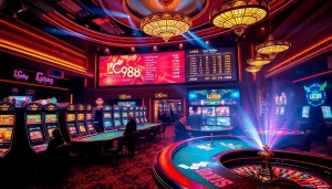 Exciting casino atmosphere featuring LC88 gaming elements, vibrant slot machines, and engaging poker tables.