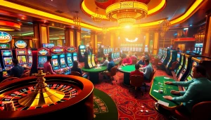 Players enjoying a vibrant casino floor featuring games with MMOO-inspired elements, including roulette, poker, and slots.