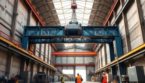 Bridge crane lifting a steel beam in an industrial warehouse environment, showcasing safety and efficiency.
