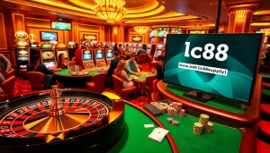 Players enjoying games at a vibrant casino featuring https://lc88.supply/, poker tables, and a roulette wheel.