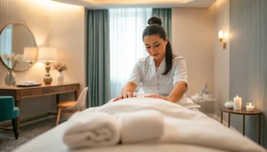 출장마사지 by a skilled therapist in a tranquil hotel room, emphasizing relaxation and comfort.