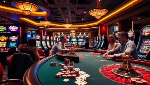Exciting casino scene with gamblers playing, showcasing nohu-themed poker chips and vibrant slot machines.
