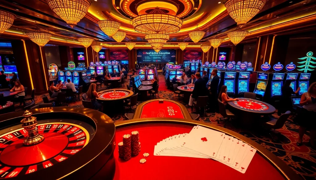 Exciting casino atmosphere with poker tables and slot machines featuring BDTK66 elements.
