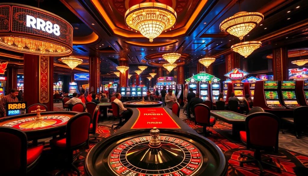 RR88 players enjoying a lively casino atmosphere with vibrant tables and exciting games.