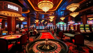 RR88 players enjoying a lively casino atmosphere with vibrant tables and exciting games.