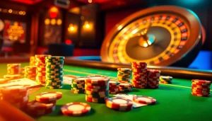 Enjoy an exciting poker game at 68VIP, showcasing vibrant poker chips and casino elements.