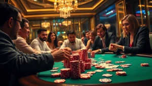 Engaged players exploring strategy at a Poker 99WIN table in a luxurious casino setting.