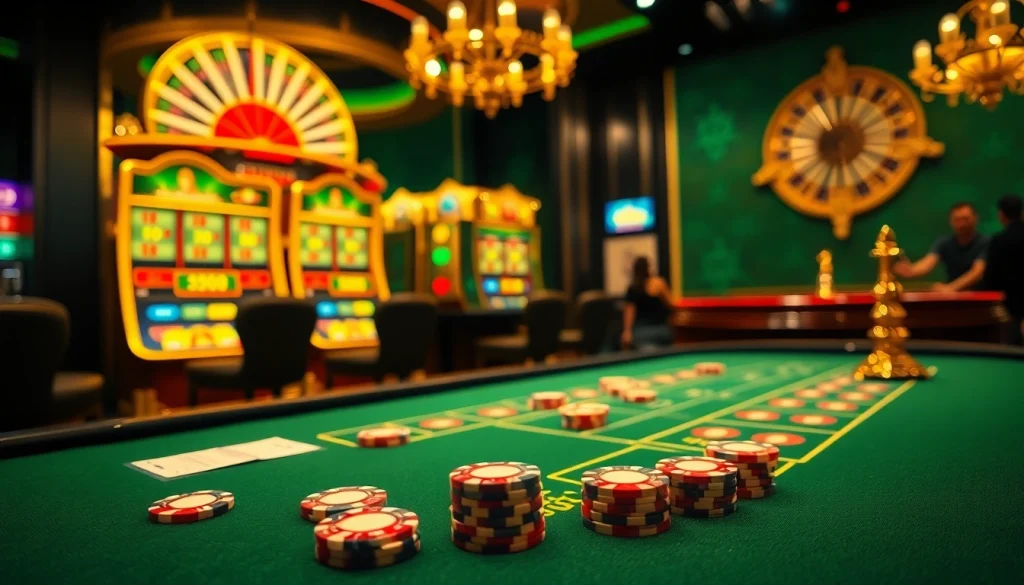 Engage with exciting gaming at https://xx88.pro/, showcasing vibrant slot machines and roulette in a luxurious casino.