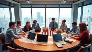 Teams sharing innovative business growth insights during a collaborative meeting in a vibrant office.