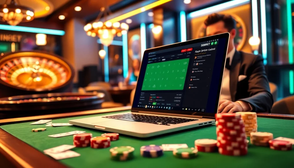 SboBet live betting interface on a luxurious casino table with poker chips and cards.