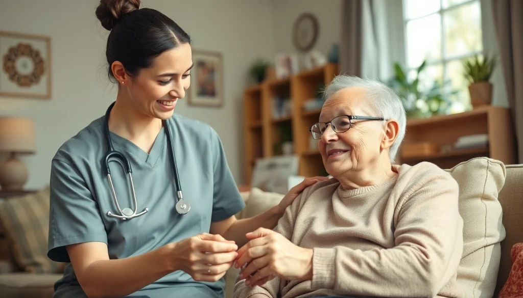 Engaging in home care austin tx, a caregiver supports an elderly client in a cozy living room.