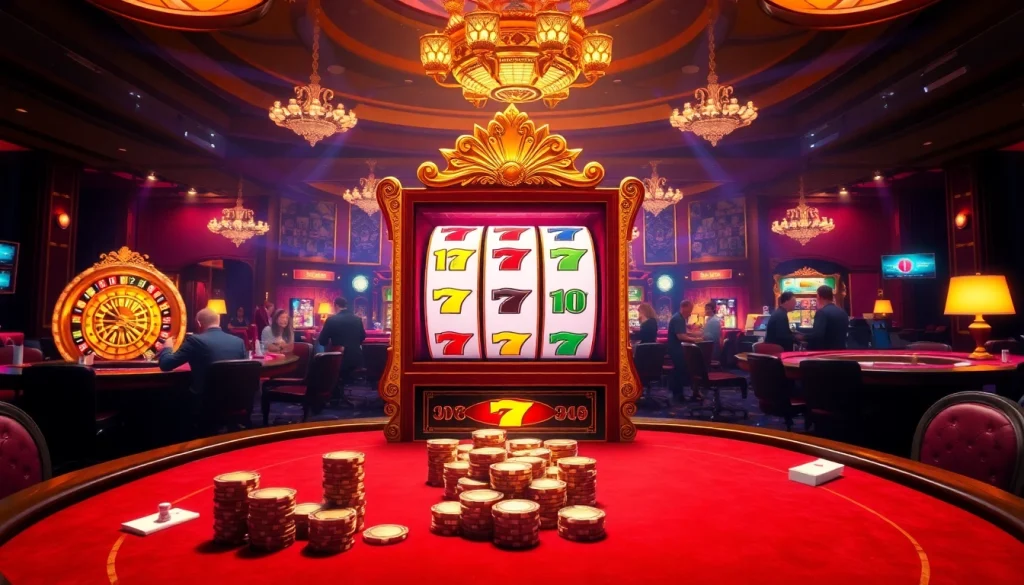 Exciting scene of gamblers playing idn slot machines in a luxury casino environment.