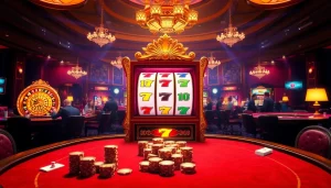 Exciting scene of gamblers playing idn slot machines in a luxury casino environment.