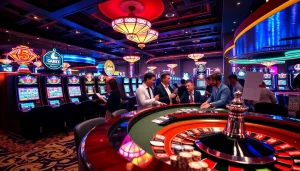 Experience excitement with onicplay in a vibrant casino featuring slot machines and blackjack tables.