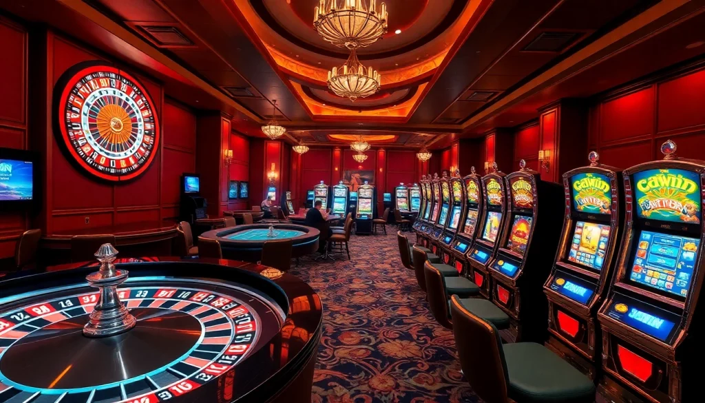 Kuwin's casino scene showcasing exciting gameplay at poker tables and colorful slot machines.