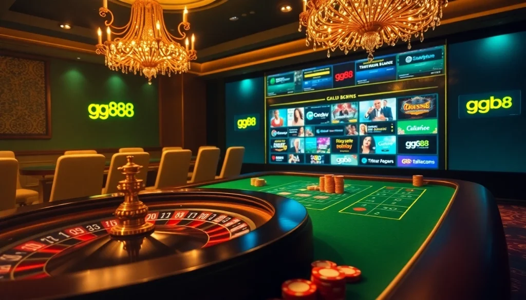 Play at gg88's luxurious casino table featuring cards, roulette, and betting chips.