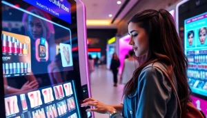 Modern nail vending machine showcasing vibrant nail polish selections in a trendy retail setting.