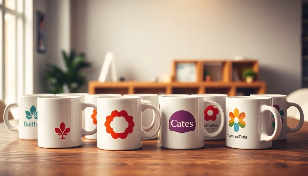 Stilingi puodeliai su logotipu, demonstruojami profesionalioje biuro aplinkoje.