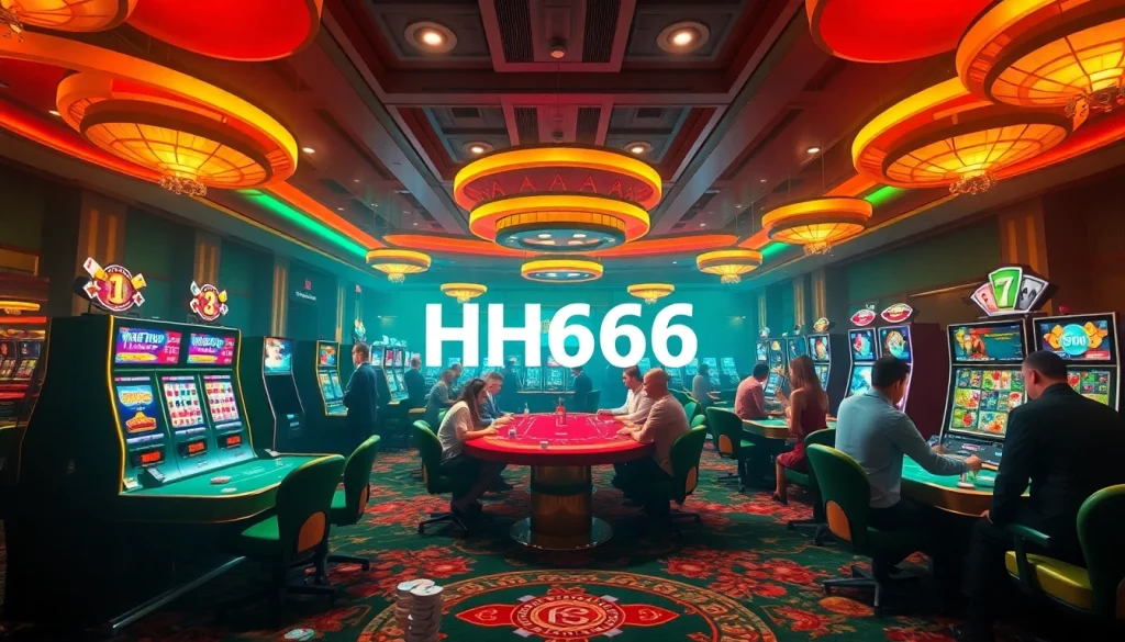 Exciting casino ambiance showcasing HH666 with players at vibrant slot machines and live games.
