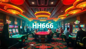 Exciting casino ambiance showcasing HH666 with players at vibrant slot machines and live games.
