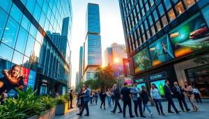 Engaging commercial district scene with professionals and modern architecture.