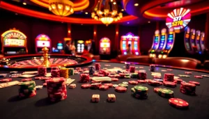 Experience the thrill of winning with 5Z777 at a vibrant casino table filled with chips and cards.