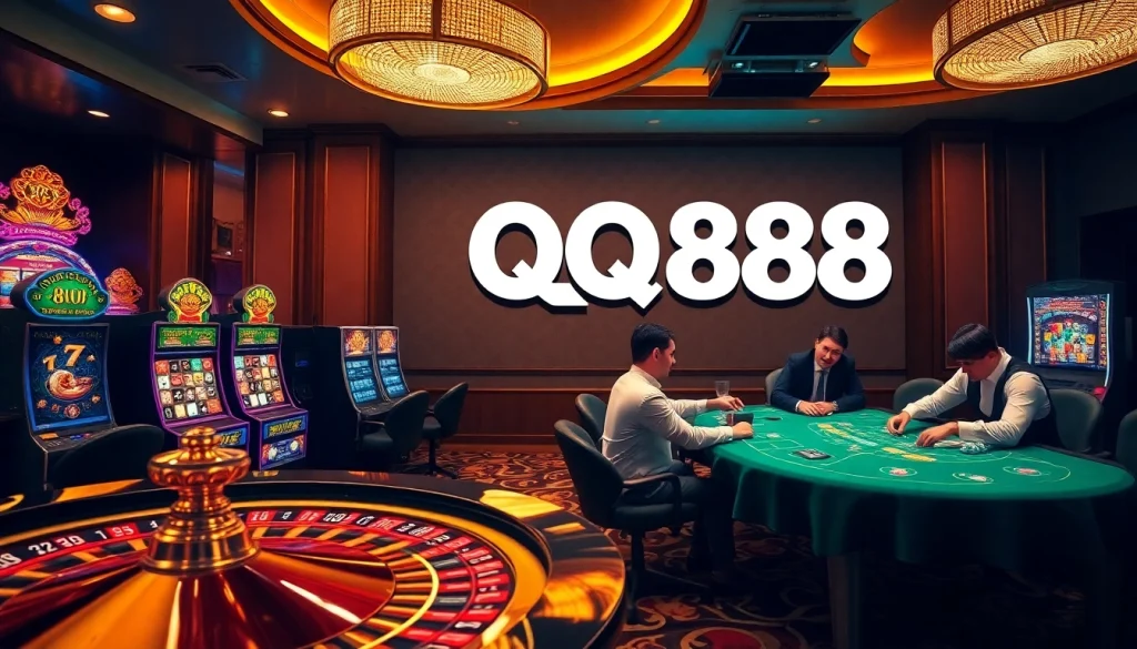 Gamblers enjoying a thrilling game at a QQ88 casino with vibrant slot machines and roulette.