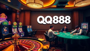 Gamblers enjoying a thrilling game at a QQ88 casino with vibrant slot machines and roulette.