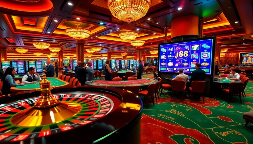 Experience the thrill of playing j88 at a dynamic casino, featuring roulette, poker tables, and slot machines.
