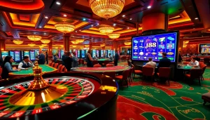 Experience the thrill of playing j88 at a dynamic casino, featuring roulette, poker tables, and slot machines.