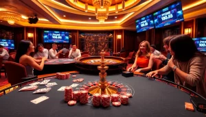 Kèo nhà cái 5 updates displayed on vibrant casino tables with excited players and cards in action.